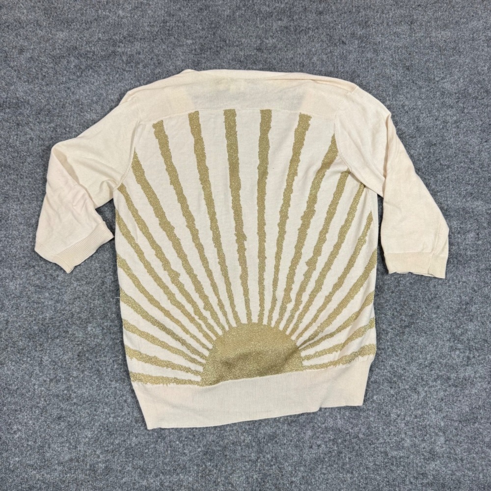 KOCH Cardigan Sunburst Gold Glitter Graphic Womens Size S Cream Knit Sweater GUC
